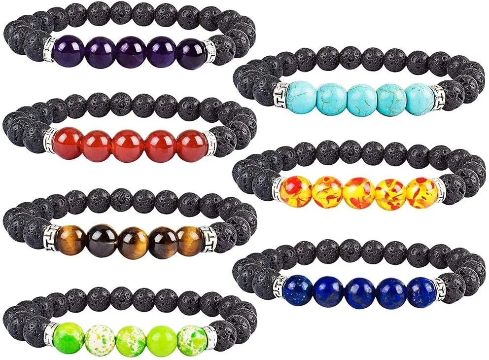 YISSION 7 Chakra Bracelets for Women Men, Essential Oil Beaded Bracelets, Lava Rock Natural Stone Yoga Bracelet Stretch Bracelet Set