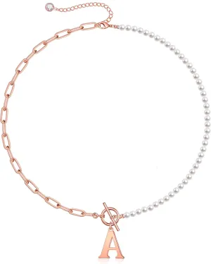 Yoosteel Pearl Initial Necklace for Women, Dainty Pearl Chain Choker Initial Necklaces for Women Toggle Clasp Paperclip Link Chain Gold Necklace Jewelry Gifts