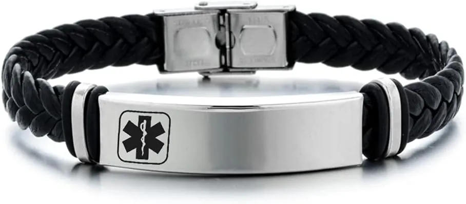 ZKXXJ Medical Bracelets for Adults Teens,Adjustable Braided Leather Wristband Emergency Identification Cuff Bracelets Health Alert Systems Awareness Jewelry for Men Women