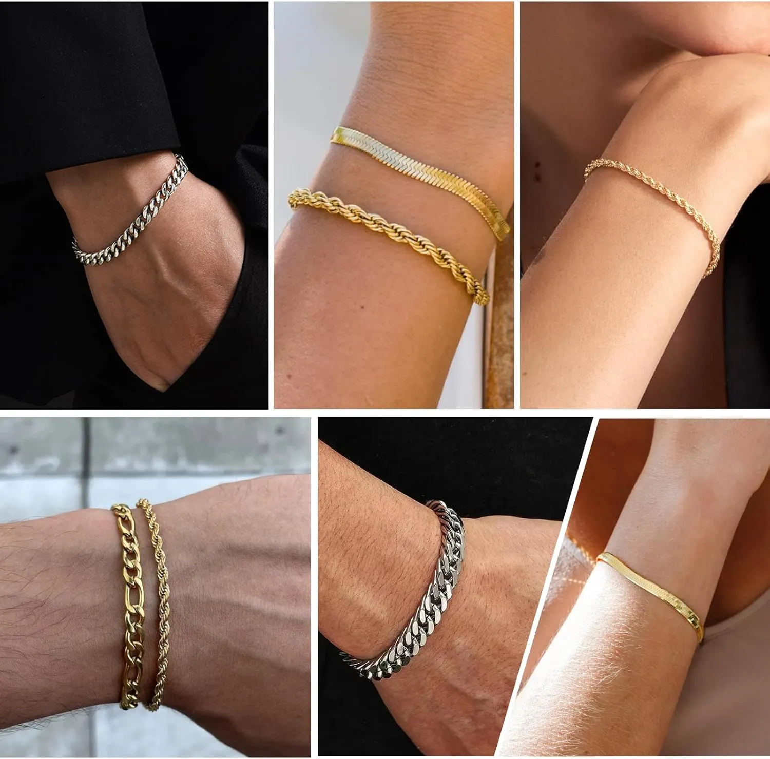 Zocomi 6 Pcs Chain Bracelet for Men Women - Stainless Steel Cuban Curb Link Rope Paperclip Figaro Herringbone Chain Bracelets Set Jewelry Gifts for Man Woman Boys 6.5/7/7.5/8.3/9/9.5 Inches