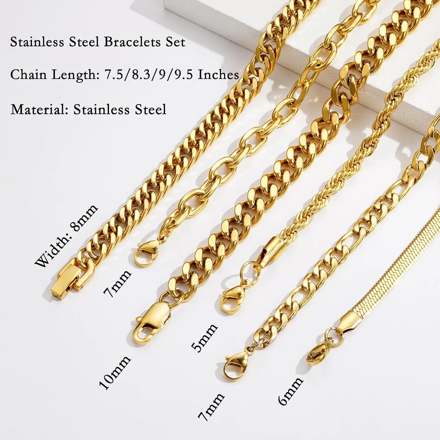 Zocomi 6 Pcs Chain Bracelet for Men Women - Stainless Steel Cuban Curb Link Rope Paperclip Figaro Herringbone Chain Bracelets Set Jewelry Gifts for Man Woman Boys 6.5/7/7.5/8.3/9/9.5 Inches