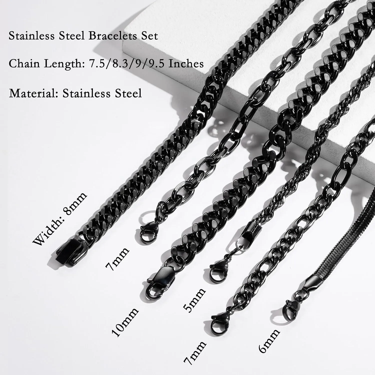 Zocomi 6 Pcs Chain Bracelet for Men Women - Stainless Steel Cuban Curb Link Rope Paperclip Figaro Herringbone Chain Bracelets Set Jewelry Gifts for Man Woman Boys 6.5/7/7.5/8.3/9/9.5 Inches