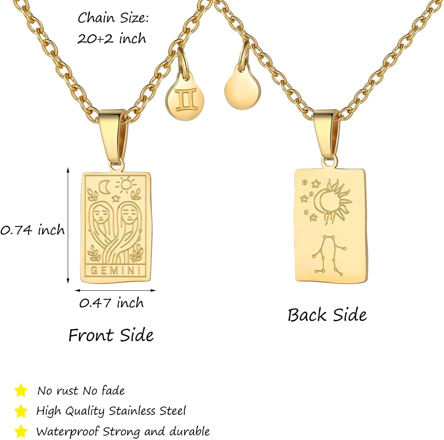 Zodiac Sign Necklace for Women Constellation Tarot Card Pendant Double Sided Gold Stainless Steel Waterproof NonTarnish Friendship Jewelry Gift