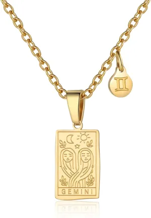 Zodiac Sign Necklace for Women Constellation Tarot Card Pendant Double Sided Gold Stainless Steel Waterproof NonTarnish Friendship Jewelry Gift